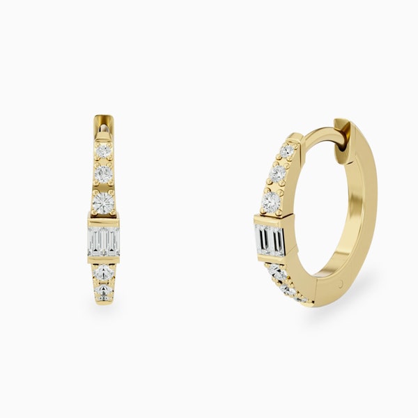 Real Diamond Hoop Earrings, Baguette Huggies, Small Diamond Hoops, Solid 14k/18k Gold, Unique Diamond Earrings, Yellow/Rose/White Gold Hoops