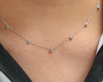Natural Emerald Station Necklace/ 14k 18k Solid Gold/ Green Emerald Necklace/Choker Gemstone Necklace/ Yellow, Rose, White Gold
