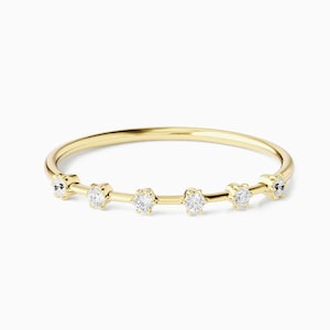 14k Gold Diamond Wedding Band, Dainty Unique Half Eternity Ring, Thin Stackable Ring, Stacking Real Diamond, Solid Gold Ring for Women