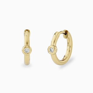 Diamond Earrings, Solitaire Diamond Huggies, Diamond Hoops, Tiny Diamond Hoop Earring, Solid 14k/18k Gold, Women/Girls, Single or Pair