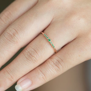 Natural Emerald Band, Minimalist Emerald Wedding Ring, Half Eternity Band, Solid 14K 18K Gold, Customize Gemstone, Dainty Small Thin Ring