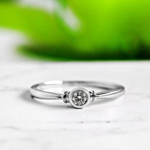 Small Bezel Set Diamond Promise Ring, Solid 14K 18K White Rose Gold, Dainty Engagement Ring, Minimalist Simple Solitaire Ladies Gold Ring image 3