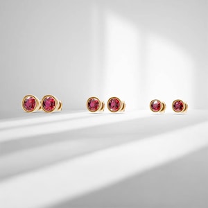 14k Ruby Stud Earrings, Bezel Ruby Earrings, Real Ruby, Natural Ruby, Solid 14k White Gold/Yellow Gold, Dainty/Petite/Gift, July Birthstone
