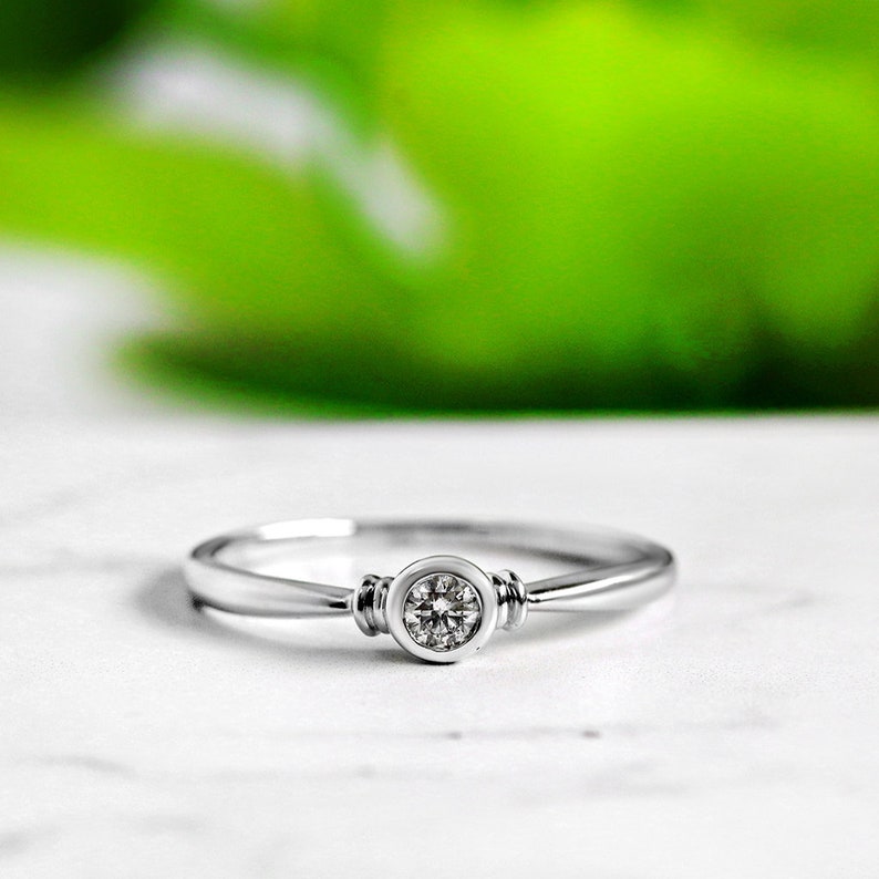 Small Bezel Set Diamond Promise Ring, Solid 14K 18K White Rose Gold, Dainty Engagement Ring, Minimalist Simple Solitaire Ladies Gold Ring image 3