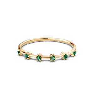 14k Emerald Diamond Wedding Band, Natural Emerald, Distance Half Eternity Emerald Band, Stacking Ring, Rose/Yellow/White, Solid 14K Gold