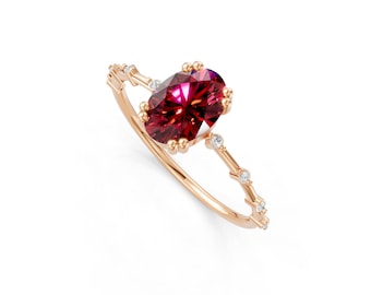 1ct Ruby Engagement Ring, Oval Cut Ruby Diamond Ring, 14k Solid Gold, Certified Lab Created Ruby, Wedding Anniversary Gift for Women