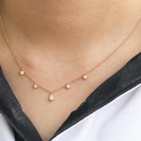 14k/18k Diamond Station Necklace/ Solid Rose,yellow,white Gold