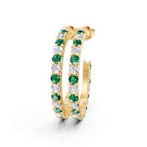 Cerchietti con diamanti e smeraldo veri, orecchini a cerchio con diamanti e smeraldo da mezzo pollice per donna, oro massiccio 14k, smeraldo verde naturale, idee regalo di Natale