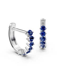 Tiny Blue Sapphire Hoops, 9mm Real Sapphire Earrings for Women, Solid 14k White Gold/Yellow Gold/Rose Gold, Bridesmaid Gifts, Bridal