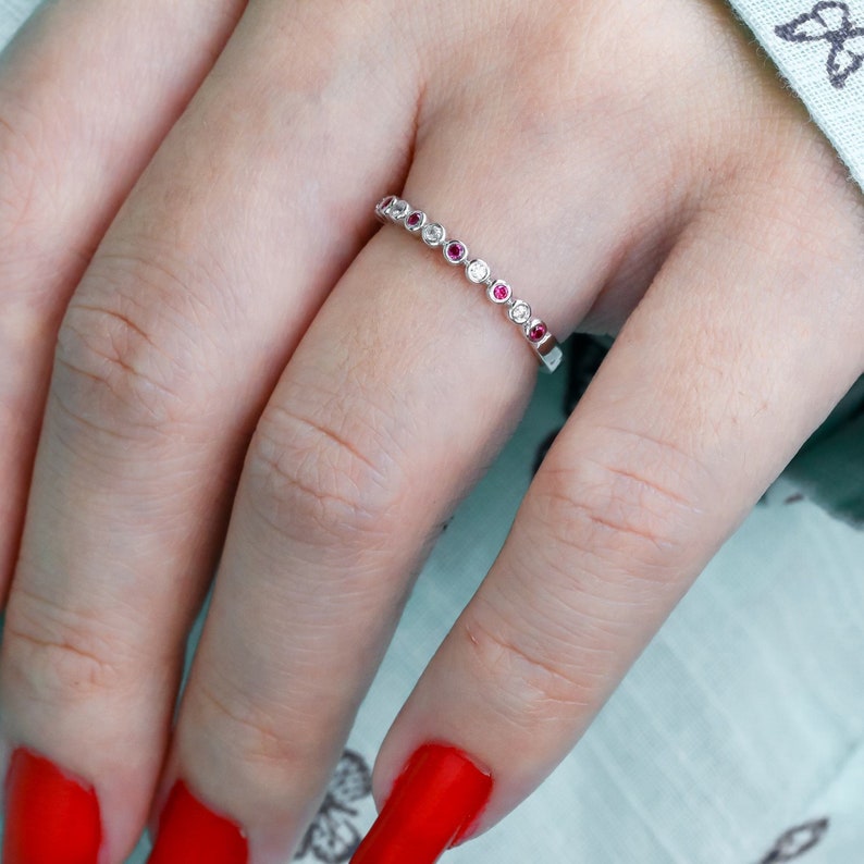 Pink Sapphire Wedding Ring Natural Diamond Sapphire Wedding Band Half Eternity Band Solid 14k 18k Gold Thin Stacking RingPersonalized