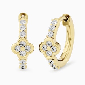 Diamond Huggie Earrings, Floral Hoops, Small Floral Huggies, Solid 14k/18k Gold, Tiny Gold Hoops, Tiny Hoop Earrings for Women