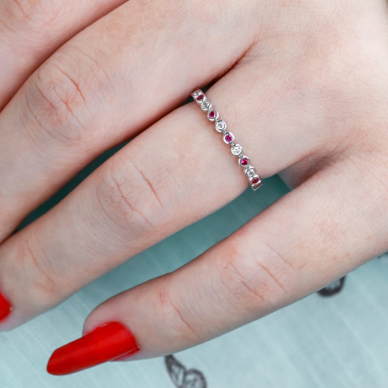 Pink Sapphire Wedding Ring Natural Diamond Sapphire Wedding Band Half Eternity Band Solid 14k 18k Gold Thin Stacking RingPersonalized
