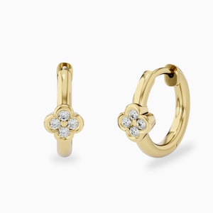 Diamond Huggie Earrings, Floral Hoops, Small Floral Huggies, Solid 14k/18k Gold, Tiny Gold Hoops, Diamond Hoop Earrings for Women