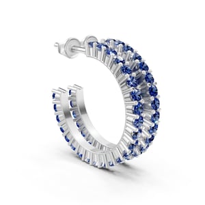Real Blue Sapphire Hoops, Half Inch Sapphire Earrings for Women, Solid 14k White Gold/Yellow Gold/Rose Gold, Gift for Mom/Wife/Daughter