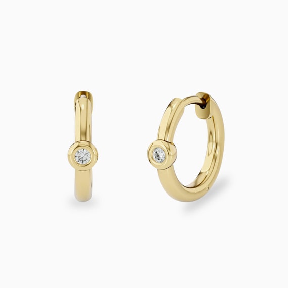 14K Tiny Diamond Hoop Earring Small DIAMOND Huggy Earrings .05ct 14K YELLOW  GOLD | eBay
