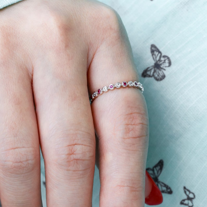 Pink Sapphire Wedding Ring Natural Diamond Sapphire Wedding Band Half Eternity Band Solid 14k 18k Gold Thin Stacking RingPersonalized