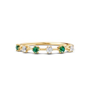 Alternating Emerald Diamond Band, Real Emerald Half Eternity Ring, Natural Green Emerald Wedding Ring, Bridal, Stackable, Solid 14k Gold