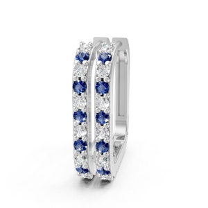 Square Blue Sapphire Diamond Hoops, Half Inch Sapphire Hoop Earrings for Women, Solid 14k Gold, Natural Blue Sapphire, Christmas Gift Ideas