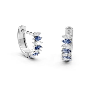 14k Real Blue Sapphire Marquise Hoops, Sapphire Diamond Earrings, Solid 14k Gold, Natural Blue Sapphire, Christmas Gift Ideas for Her