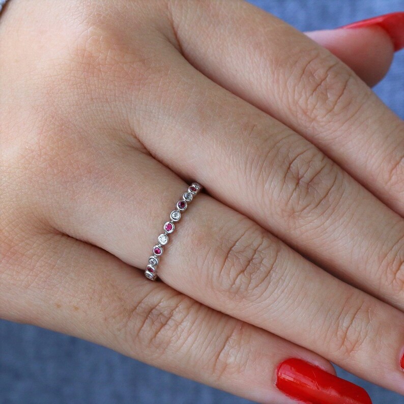 Pink Sapphire Wedding Ring Natural Diamond Sapphire Wedding Band Half Eternity Band Solid 14k 18k Gold Thin Stacking RingPersonalized