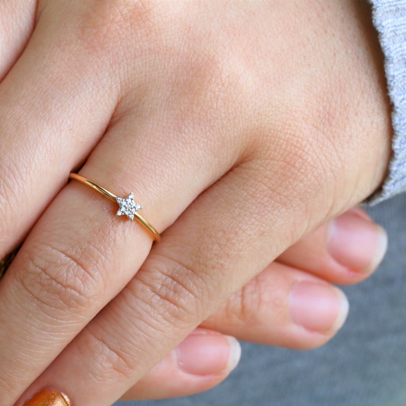 Thin Minimalist Star Ring 14k18k Gold Star Ring Star Diamond Ring RoseYellowWhite Dainty Star Promise Ring Rings for GirlsDaughters