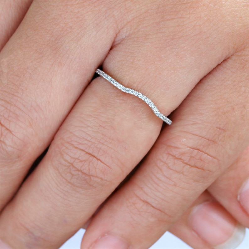 14k White Gold Curved Wedding Ring Thin Diamond Wedding Band Etsy