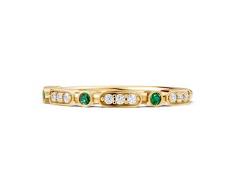 Bezel Set Emerald Diamond Band, Real Emerald Stackable Ring, Natural Emerald Half Eternity, Bridal Ring, Solid 14k Gold, Christmas Gift