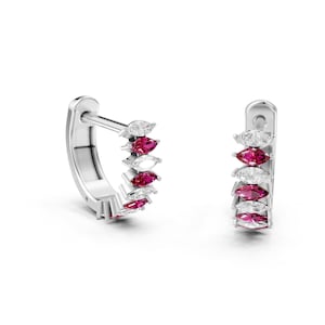 14k Marquise Ruby Diamond Hoops, 10mm Real Ruby Diamond Earrings, Hoops for Women, Solid 14k White Gold/Yellow Gold/Rose Gold, Natural Ruby
