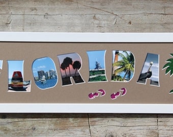 FLORIDA Schriftzug, wellig geschnitten, mit Palme und Flip Flops im Bilderrahmen, Größe 20x70cm - Collage  Buchstabenpassepartout