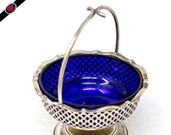 Victorian Silver Plated Filigree Basket: Cobalt Blue Glass Bonbon Dish