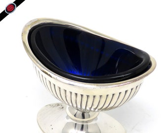 Vintage Silver Plate and Cobalt Glass Mustard Tureen- Regency Style - 5.4cm x 6.9cm x 4.8cm