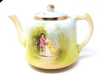 Antique Lustreware Teapot: Victorian - 18th Century Pastoral Scene - Colourful Design