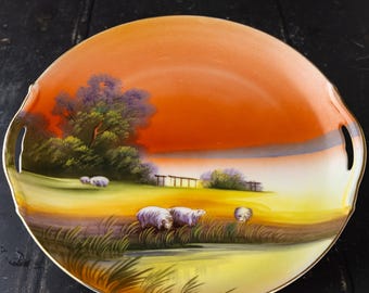 Pair Antique Noritake Hand Painted Orange Lustre Sheep Landscape Plates