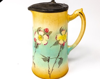 Antique 1920s Enamel Jug: Hand-Painted Floral Pitcher with Pewter Lid