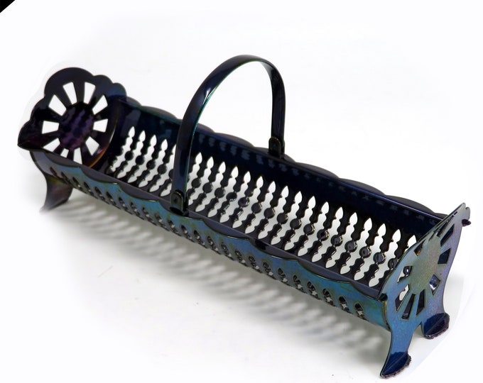 Hand-Painted Filigree Cracker Basket: Upcycled Metal, Peacock Colors
