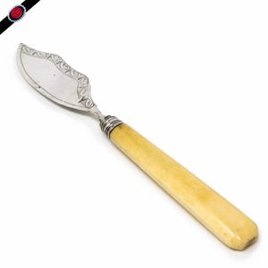 May include: A silver butter knife with an ornate design on the blade and a bone handle.