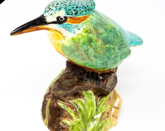 Vintage Hand-Painted Kingfisher Figurine: Signed Ceramic Bird Sculpture