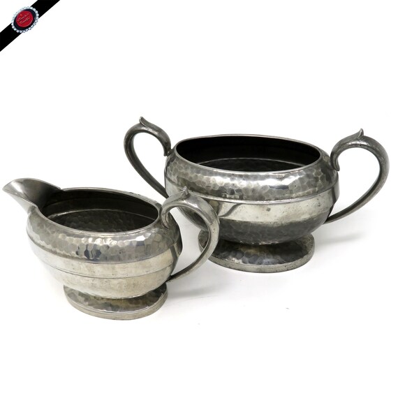 Vintage Art Deco Milk Jug & Sugar Bowl Set - Hammered Pewter - A E Poston c.1930s