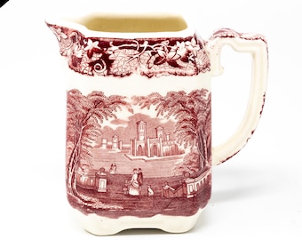 Antique Mason's Vista Ironstone Jug: Red Transferware, 1920s Square Shape