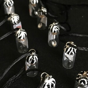 May include: A collection of small glass vial necklaces with black cords. Each vial has a decorative lid with a black and white zebra stripe pattern. Some vials have small silver spoons inside. The background is black.