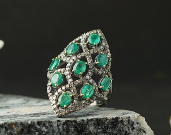 Vintage Sterling Silver Emerald Cluster Ring: Diamond Statement Ring