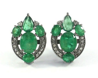 Vintage Emerald Diamond Sterling Silver Stud Earrings: Oxidized Victorian Style