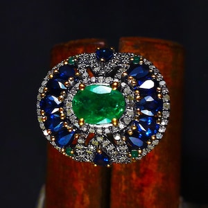 Victorian Sapphire Emerald Diamond Engagement Ring, Sterling Silver Wedding Ring, Oval Cut Emerald Ring, Gemstone Ring, May Birthstone Ring