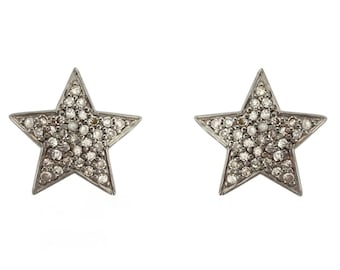 Vintage Pave Diamond Star Stud Earrings: Silver Gold Gift