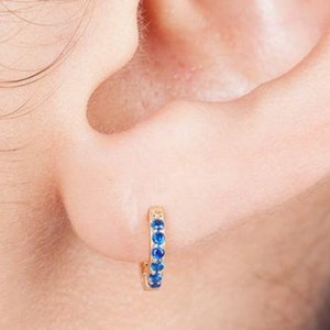 Natural Blue Sapphire Gold Hoop Earrings, 925 Sterling Silver Minimalist Huggie Earrings, September Birthstone Earrings Gift For Girls Her