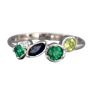 Victorian Three Stone Ring Unique Gift For Her Birthday Anniversary Gift, Emerald Sapphire Peridot Cluster Sterling Silver Ring For Women
