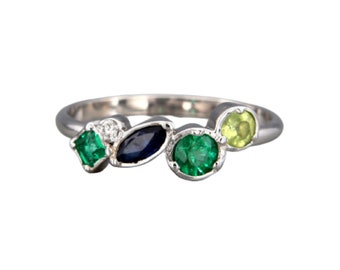 Victorian Three Stone Ring Unique Gift For Her Birthday Anniversary Gift, Emerald Sapphire Peridot Cluster Sterling Silver Ring For Women