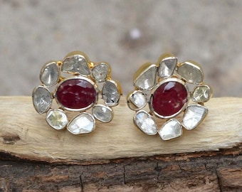 Victorian Ruby Diamond Sterling Silver Stud Earrings