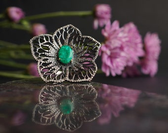 Vintage Emerald Flower Ring: Antique Diamond Accent, May Birthstone