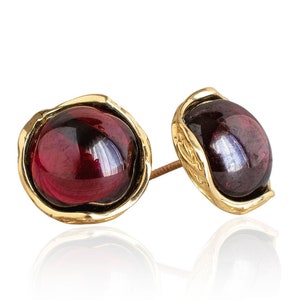 Victorian Vintage Red Garnet Gold Stud Earrings For Her Anniversary Birthday Gift, Sterling Silver Garnet Round Earring Stud Gift For Her